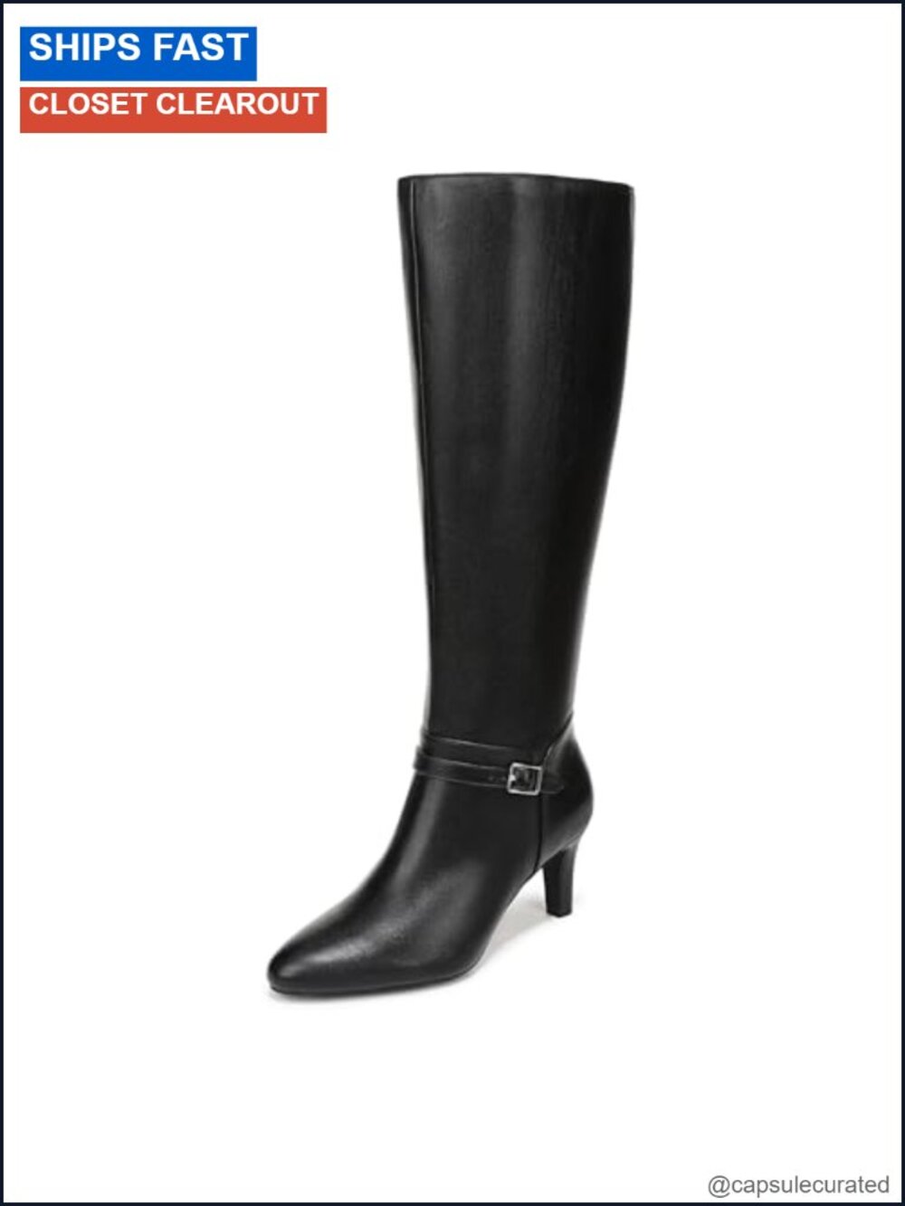 Tall Knee High Boots with Buckle Strap Detail, Zip Closure, Faux Leather